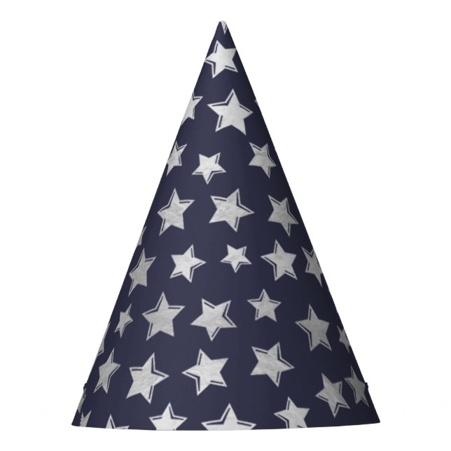 Shiny Silver Stars - Blue Background Party Hat (Front)
