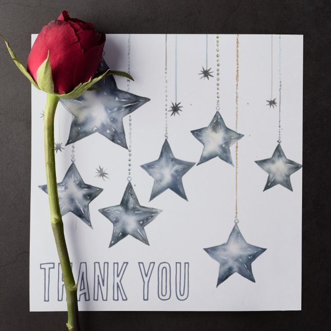 Shiny Silver Stars on Strings Thank You Card (Hanging silver stars on a customizable thank you card for any occasion. )