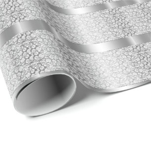 Shiny Silver Stripes White Damask Wrapping Paper