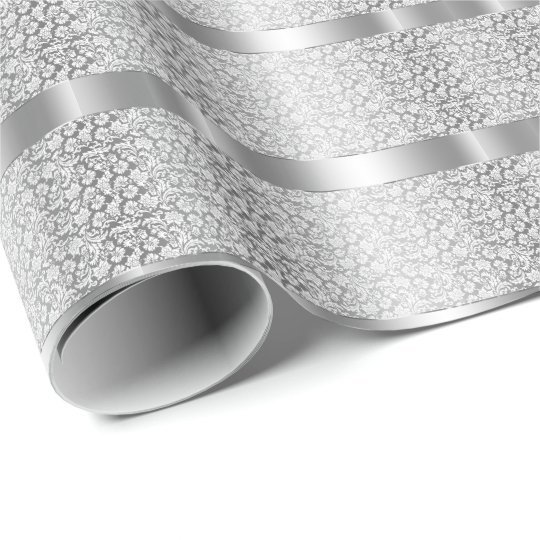 Shiny Silver Stripes White Damask Wrapping Paper