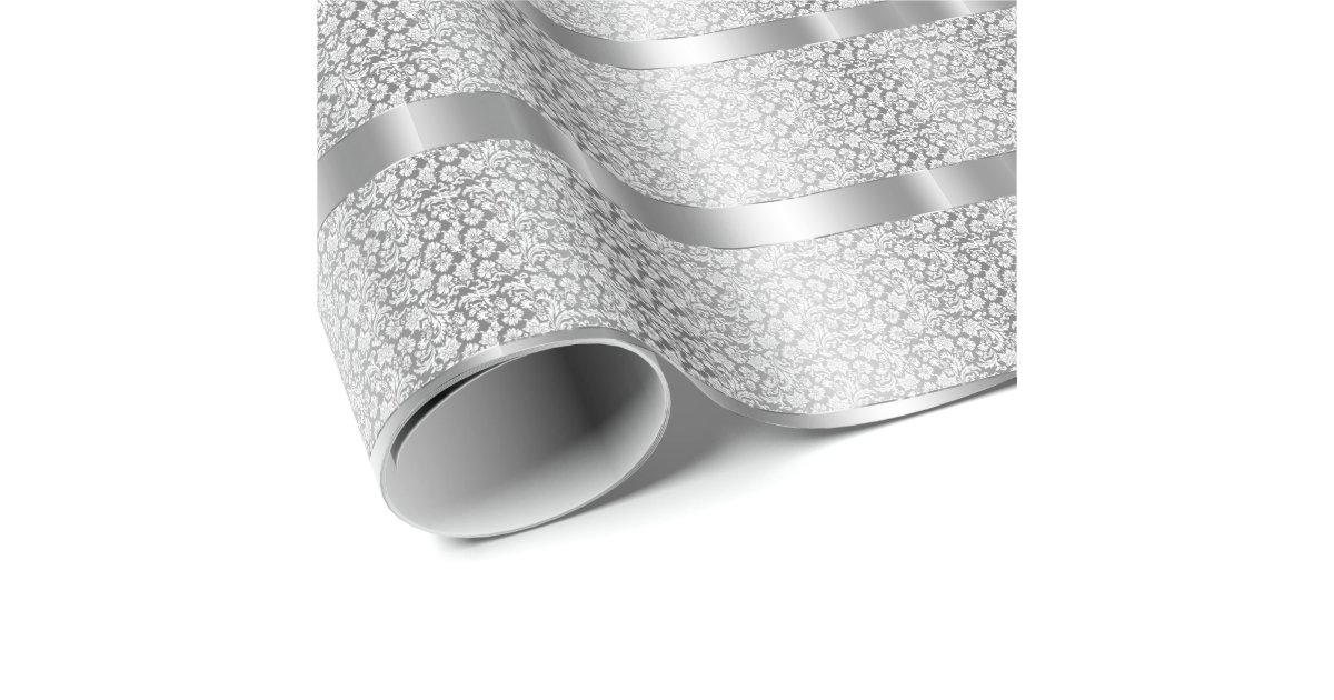 Shiny Silver Stripes White Damask Wrapping Paper Zazzle