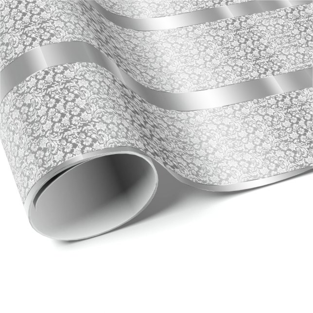 Shiny Silver Stripes White Damask Wrapping Paper (Roll Corner)