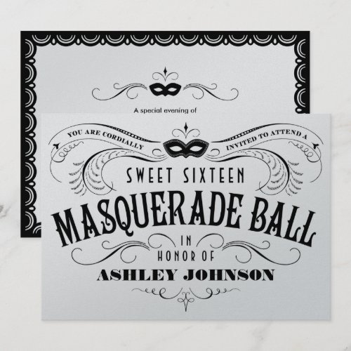 Shiny Silver Sweet 16 Masquerade Ball Invitations