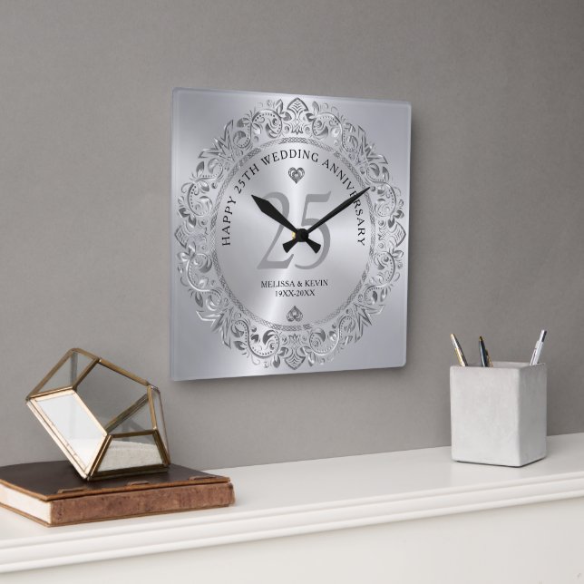 Shiny Silver Swirls Circle 25 Wedding Square Wall Clock (Office)