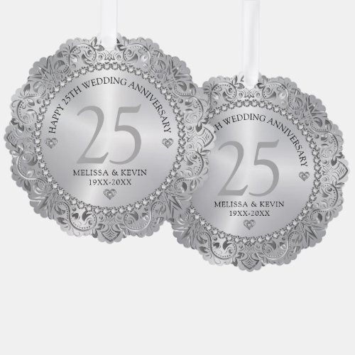 Shiny Silver Swirls Circle Frame 25th wedding Ornament Card