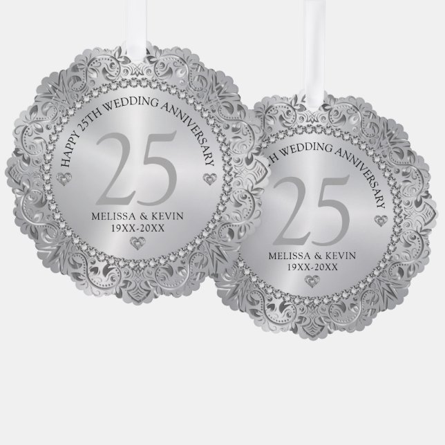 Shiny Silver Swirls Circle Frame 25th wedding Ornament Card (Front/Back)