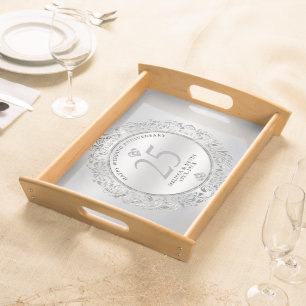 Shiny Silver Swirls Circle Frame 25th wedding Serving Tray
