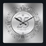 Shiny Silver Swirls Circle Frame 25th wedding Square Wall Clock<br><div class="desc">Luxury shiny silver swirly circle 25th wedding anniversary wall clock design. Silver wedding anniversary. Custom black typography.</div>