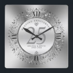 Shiny Silver Swirls Circle Frame 25th wedding Square Wall Clock<br><div class="desc">Luxury shiny silver swirly circle 25th wedding anniversary wall clock design. Silver wedding anniversary. Custom black typography.</div>