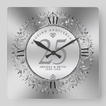 Shiny Silver Swirls Circle Frame 25th wedding Square Wall Clock