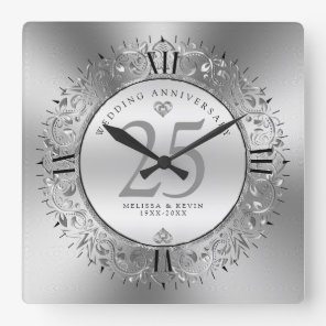 Shiny Silver Swirls Circle Frame 25th wedding Square Wall Clock
