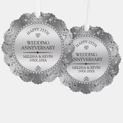 Shiny Silver Swirls Frame 25th wedding Ornament Card