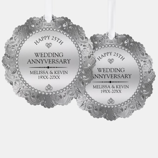 Shiny Silver Swirls Frame 25th wedding Ornament Card (Front/Back)