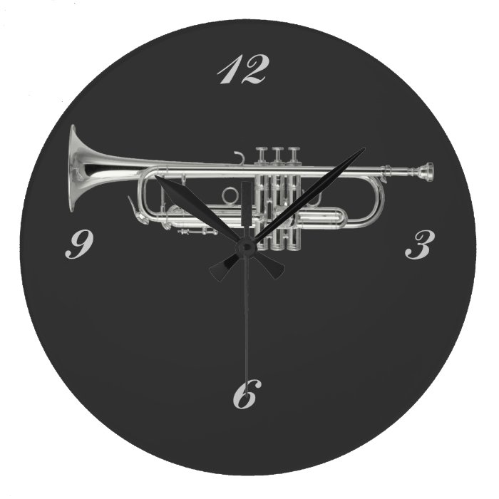 Shiny silver trumpet on charcoal background clock