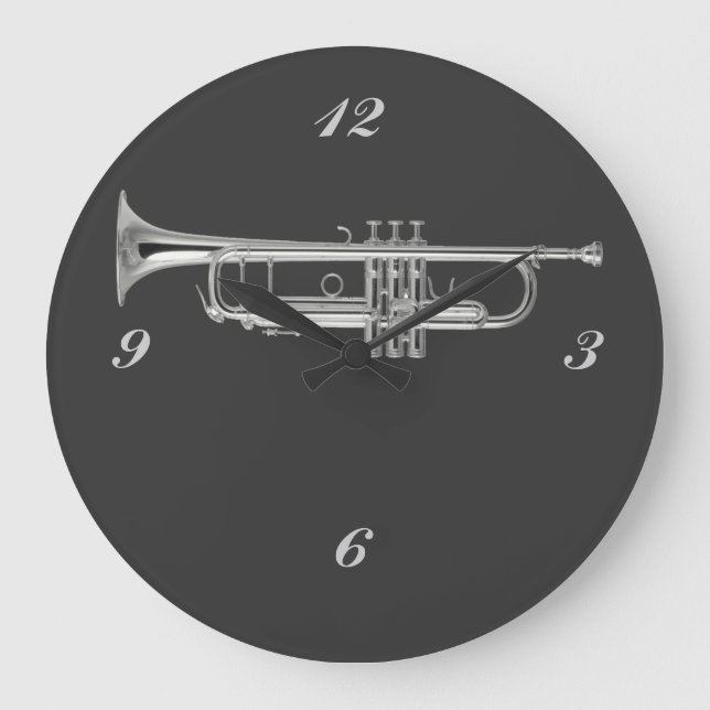 Shiny silver trumpet on charcoal background large clock (Front)