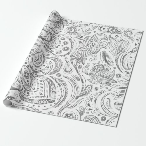 Shiny Silver  White Vintage Paisley Pattern Wrapping Paper