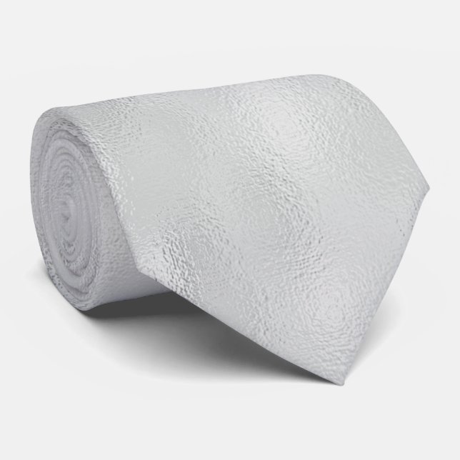 Shiny Silvery White Foil Pattern Neck Tie (Rolled)