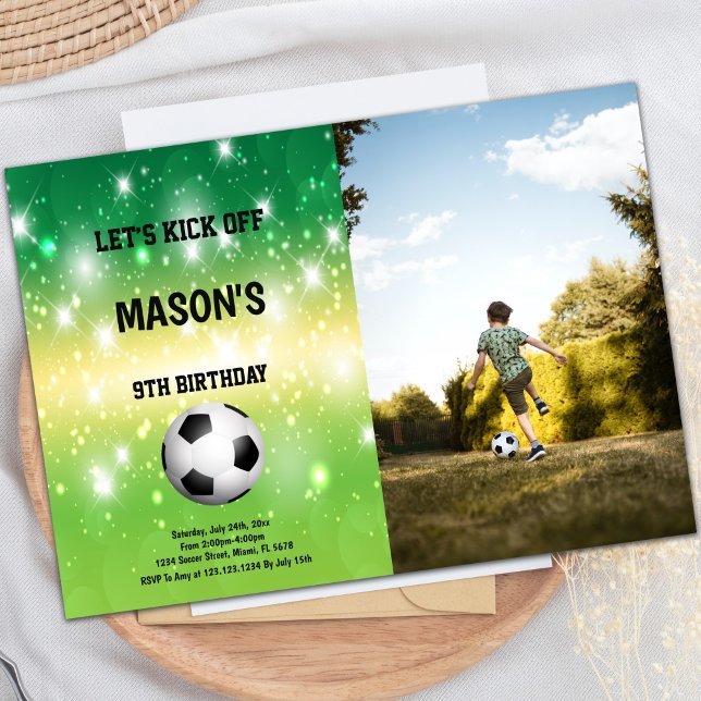 Shiny Soccer Party Invite (Ball in Center Shine Soccer Birthday Photo Invitation)