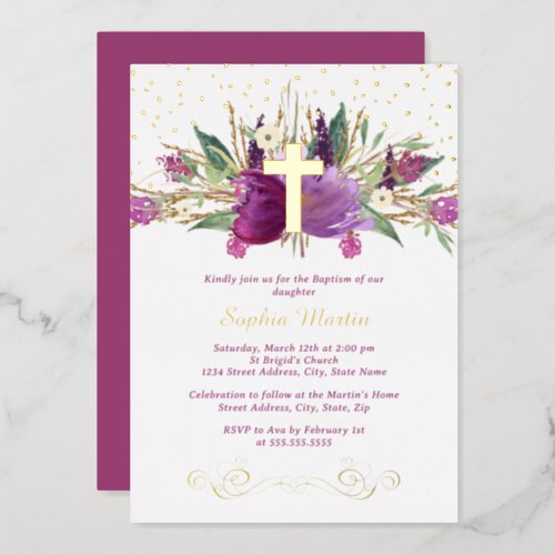 Shiny Sparkling Amethyst Cross Baptism Foil Invitation