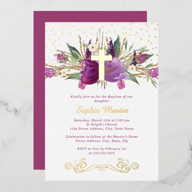 Shiny Sparkling Amethyst Cross Baptism Foil Invitation (Front/Back)