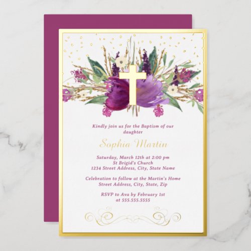 Shiny Sparkling Purple Amethyst Cross Baptism Foil Invitation