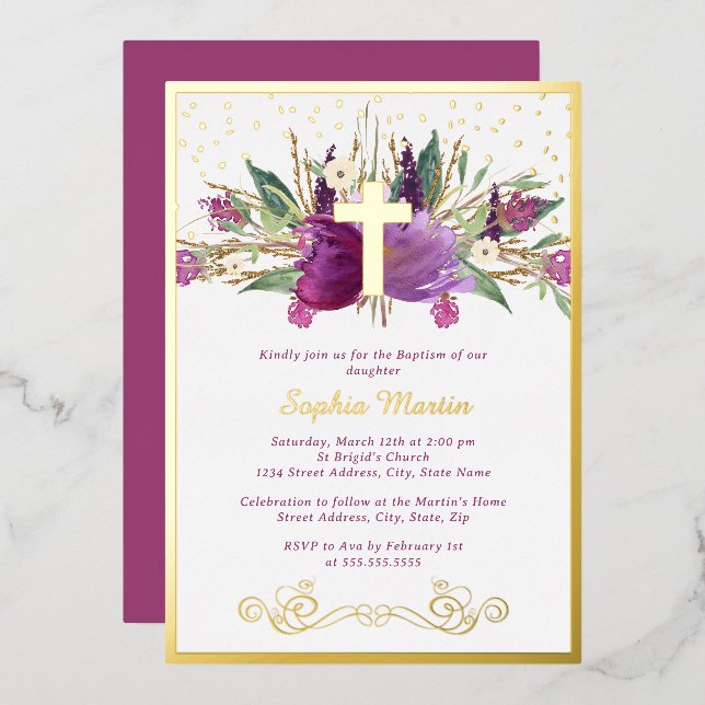 Shiny Sparkling Purple Amethyst Cross Baptism Foil Invitation (Front/Back)