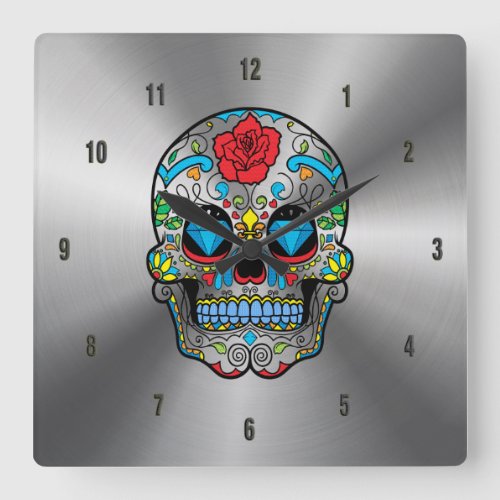Shiny Stainless Steel  Colorful Floral Skull Square Wall Clock