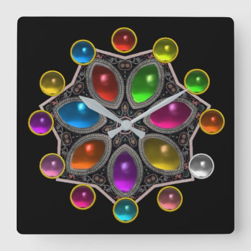 SHINY STAR WITH COLORFUL GEMSTONES Black Square Wall Clock