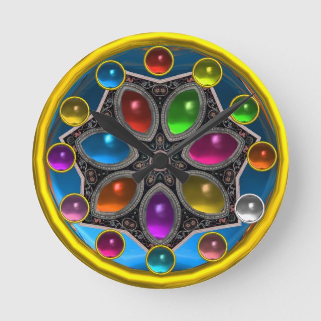SHINY STAR WITH COLORFUL GEMSTONES Gold Blue Round Clock (Front)