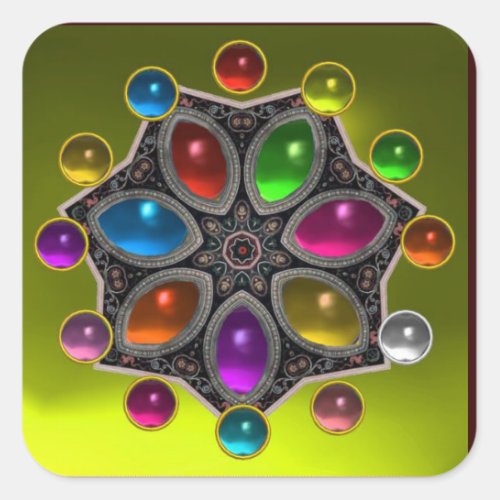 SHINY STAR WITH COLORFUL GEMSTONES Gold Yellow Square Sticker