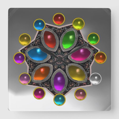 SHINY STAR WITH COLORFUL GEMSTONES Grey White Square Wall Clock