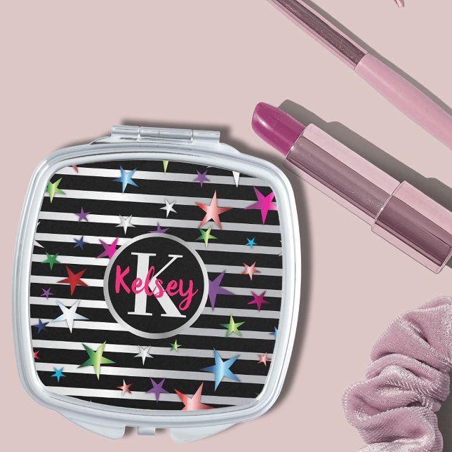 Shiny Stars On Black and Silver Stripes with Name  Compact Mirror (Creator Uploaded)