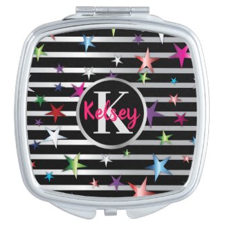 Shiny Stars On Black and Silver Stripes with Name  Compact Mirror