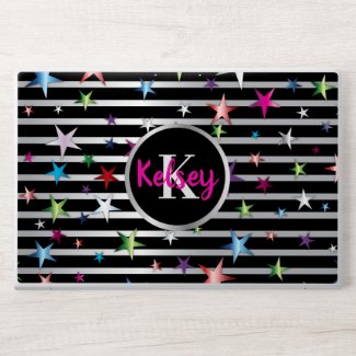 Shiny Stars On Black and Silver Stripes with Name HP Laptop Skin