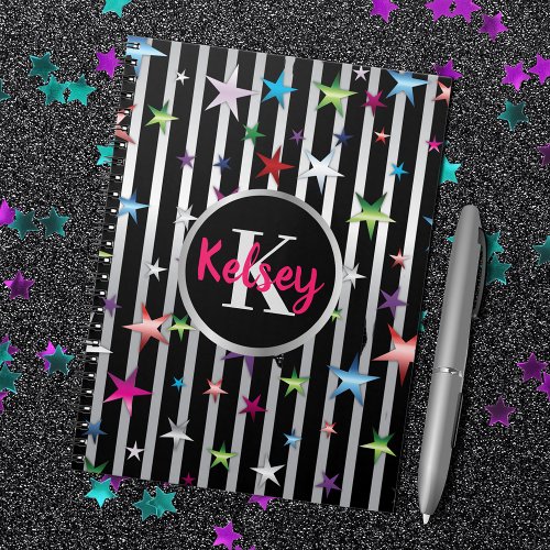 Shiny Stars On Black and Silver Stripes with Name Notebook