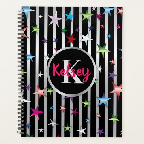 Shiny Stars On Black and Silver Stripes with Name  Planner