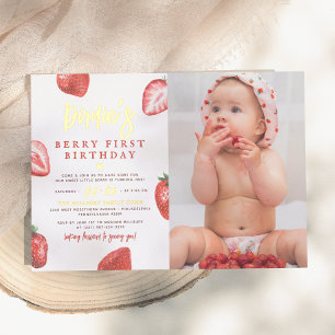 Shiny Strawberry Girl Photo First Birthday Party Foil Invitation