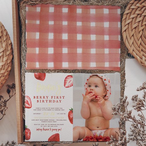 Shiny Strawberry Girl Photo First Birthday Party Foil Invitation