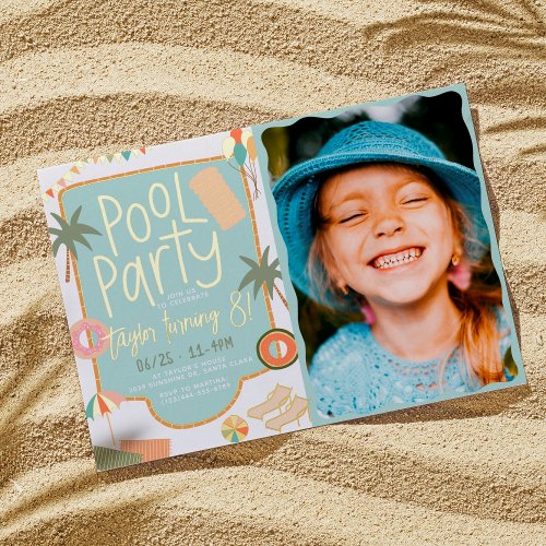  Shiny Summer Cute Pool Party Photo Girl Birthday Foil Invitation