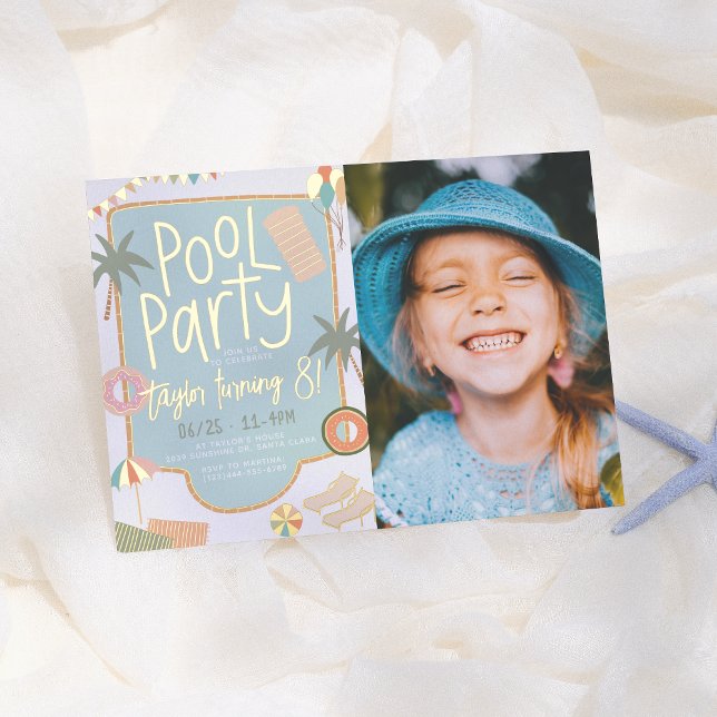  Shiny Summer Cute Pool Party Photo Girl Birthday Foil Invitation (Creator Uploaded)