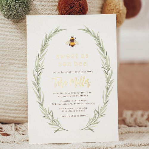 Shiny Sweet As Can Bee Gender Neutral Baby Shower Foil Invitation