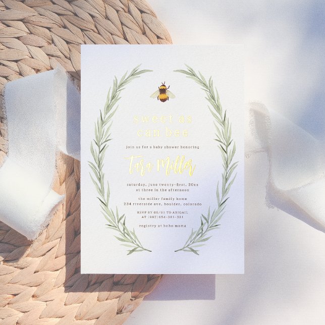 Shiny Sweet As Can Bee Gender Neutral Baby Shower Foil Invitation (Creator Uploaded)