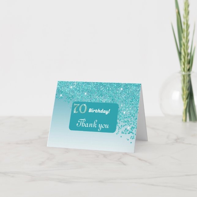 Shiny Teal Blue Glitter, 70th Birthday Thank You (Front)