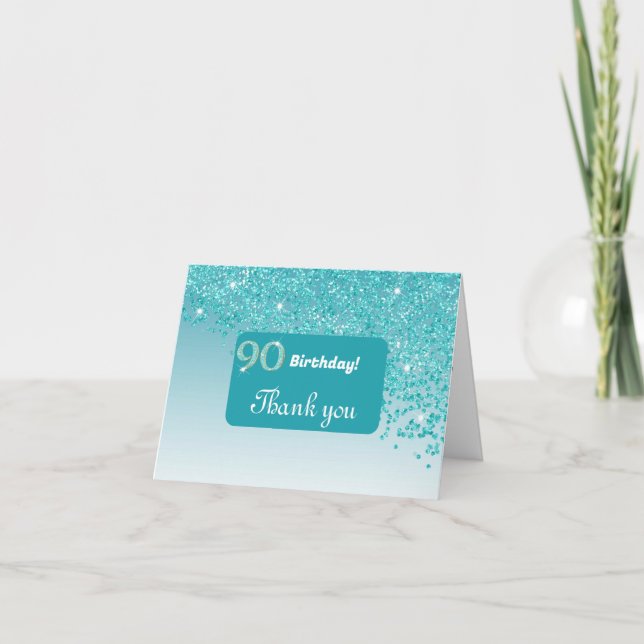 Shiny Teal Blue Glitter, 90th Birthday Thank You (Front)