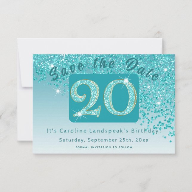 Shiny Teal Blue Glitter for 20th Birthday  Save The Date (Front)