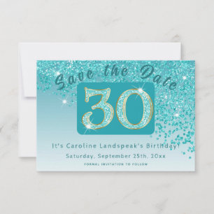 Shiny Teal Blue Glitter for 30th Birthday Save The Date