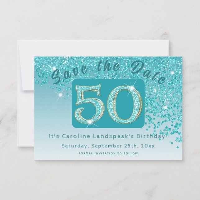 Shiny Teal Blue Glitter for 50th Birthday  Save The Date (Front)