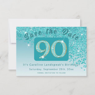 Shiny Teal Blue Glitter for 90th Birthday Save The Date