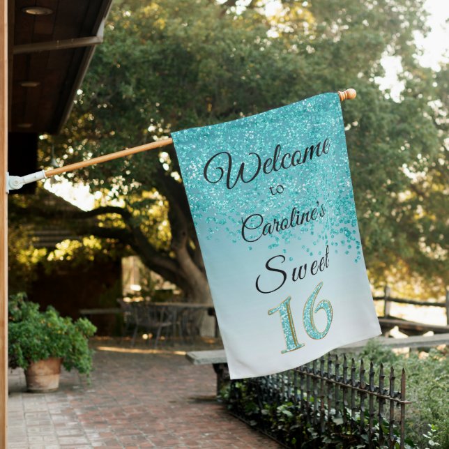 Shiny Teal Blue Glitter Sweet 16 Birthday Welcome House Flag (In SItu)