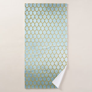 Shiny Teal Gold Glitter Mermaid Scales Bath Towel Set